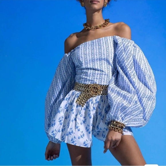 Caroline Constas Tops - CAROLINE CONSTAS Carter Off The Shoulder Printed Cotton Blend Poplin Top Medium